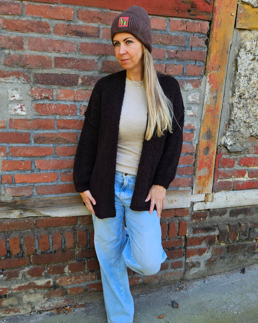 Cozy Strickjacke Dunkelbraun – Grober Strick mit Alpaka & Lana Wolle - One Size