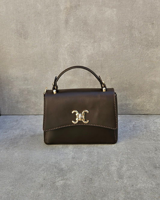 Braune Henkeltasche aus echtem Leder – Italienisch mit goldenem Drehverschluss