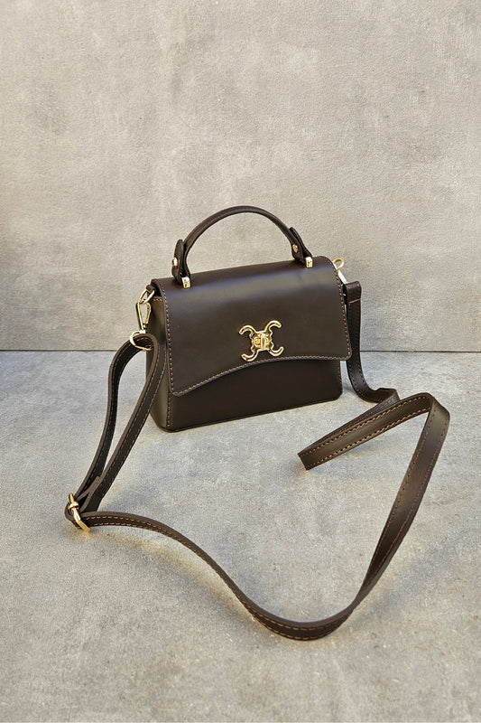 Braune Henkeltasche aus echtem Leder – Italienisch mit goldenem Drehverschluss